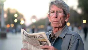 Senior Mann lesen Zeitung draußen, tragen Brille und lächelnd generiert durch ai foto