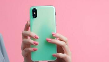 kaukasisch Erwachsene halten Clever Telefon mit Rosa Nagel Polieren zeigen Digital Anzeige generiert durch ai foto