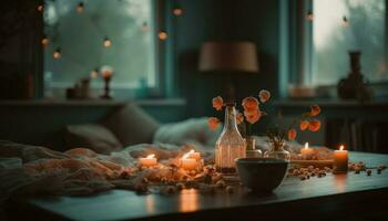 Kerzenlicht leuchtet gemütlich modern Schlafzimmer zum komfortabel Winter Entspannung generiert durch ai foto
