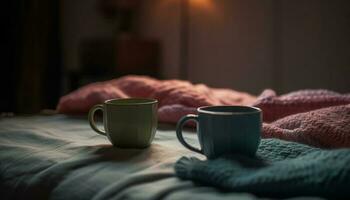 gemütlich Schlafzimmer mit heiß Kaffee, wolle Decke, und entspannend Buch generiert durch ai foto