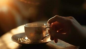 Hand halten heiß Kaffee Tasse, genießen Wochenende Entspannung drinnen generiert durch ai foto