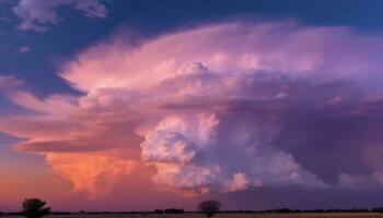 das beschwingt Sonnenuntergang gemalt ein dramatisch Himmel Über das still Wiese generiert durch ai foto