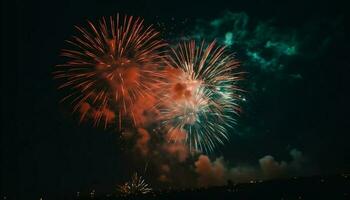 vierte von Juli Feier explodiert Feuerwerk erleuchten das dunkel Nacht generiert durch ai foto