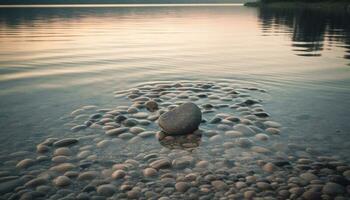 glatt Kieselsteine Stapel im Harmonie auf still Wasser Oberfläche generiert durch ai foto