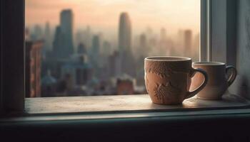 suchen durch Fenster, Stadtbild Sonnenuntergang, Kaffee Tasse auf Schwelle generiert durch ai foto