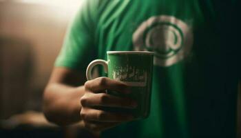 einer Mann halten heiß Kaffee Becher, genießen Entspannung drinnen generiert durch ai foto