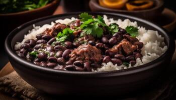 gesund Schüssel von hausgemacht Vegetarier Reis und Bohne Chili Vorspeise generiert durch ai foto