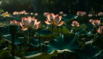das Lotus Wasser Lilie Blüten im das still Teich Betrachtung generiert durch ai foto