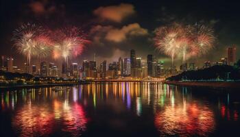 beschwingt Feuerwerk erleuchten Vancouver Stadt Horizont auf Neu Jahr Tag generiert durch ai foto