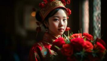 ein schön jung Frau im traditionell Chinesisch Kleid lächelt hell generiert durch ai foto