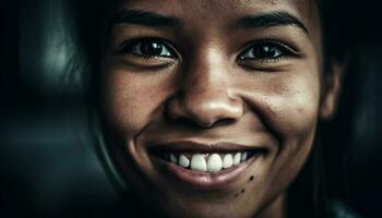 einer jung Frau lächelnd mit ein zahnig schließen oben Kopfschuss generiert durch ai foto