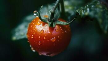 saftig reif Tomate, ein fallen von Tau, Natur Erfrischung generiert durch ai foto
