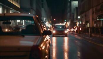 Fahren durch das Stadt beim Nacht, ein modern Auto Schwanz Licht glühend generiert durch ai foto