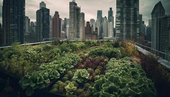 modern Stadt Horizont wächst inmitten Natur Grün Landschaft und die Architektur generiert durch ai foto