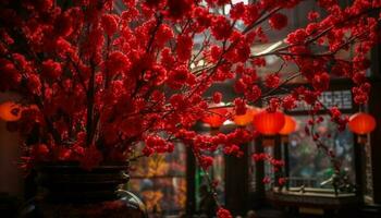 das beleuchtet Laternen dekoriert das Baum, feiern Chinesisch Kultur generiert durch ai foto