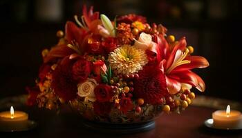 romantisch Kerzenlicht Tabelle geschmückt mit elegant Blume Anordnung und Laub generiert durch ai foto
