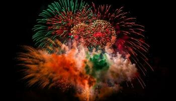 vierte von Juli Feier explodiert Feuerwerk Anzeige im beschwingt Farben generiert durch ai foto