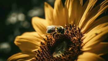 ein beschäftigt Honig Biene bestäubt ein Single Gelb Sonnenblume generiert durch ai foto