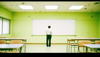 das Professor stand auf beim das Tafel, Lehren im das Klassenzimmer generiert durch ai foto