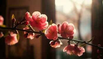 frisch Rosa Kirsche blühen Blütenblätter schmücken Ast im Frühling Schönheit generiert durch ai foto