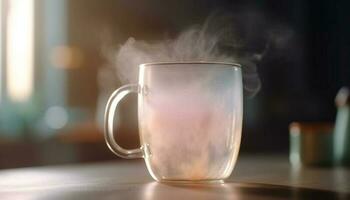 ein heiß Cappuccino im ein transparent Becher mit Dampf Luftblasen generiert durch ai foto