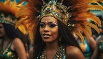schön Brasilianer Frauen im traditionell Kostüme tanzen beim Karneval Feier generativ ai foto