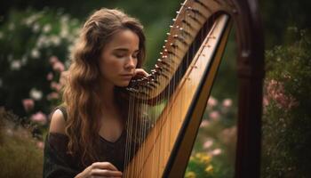 einer jung Frau, ein Musiker, spielen ein Zeichenfolge Instrument draußen generiert durch ai foto