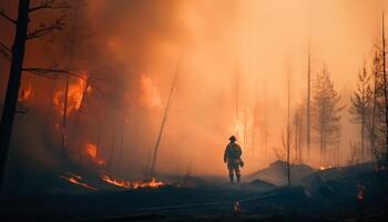 einer Person Stehen durch Lagerfeuer, glühend Gelb im Winter Sonnenuntergang generativ ai foto