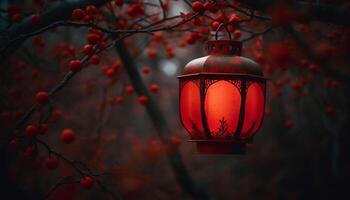 ein beleuchtet Laterne hängend von ein Baum im das Nacht generiert durch ai foto