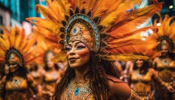 froh Samba Tänzer im traditionell Kostüme feiern Brasilianer Kultur draußen generiert durch ai foto