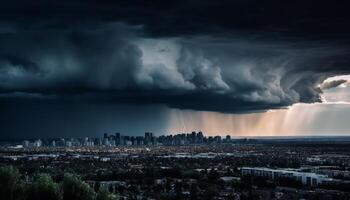 ein dramatisch Sommer- Gewitter elektrisiert das modern Stadt Horizont generiert durch ai foto