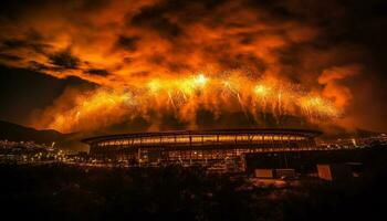 das hell Gelb Sonnenuntergang entzündet sich das futuristisch Stadt Horizont generiert durch ai foto