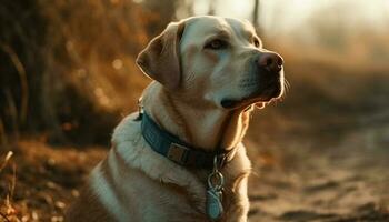 ein süß gemischt Rasse Hund mit Haustier Halsband Sitzung im Natur generiert durch ai foto