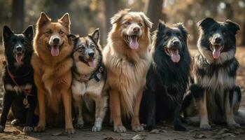 ein spielerisch Gruppe von reinrassig Hunde genießen das draußen zusammen generiert durch ai foto