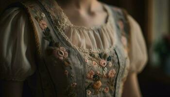 einer elegant Erwachsene Frau im alt gestaltet Kleid strahlt aus Sinnlichkeit drinnen generiert durch ai foto