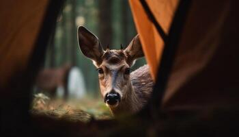 ein süß Kitz suchen beim Kamera im ein ländlich Wiese generiert durch ai foto