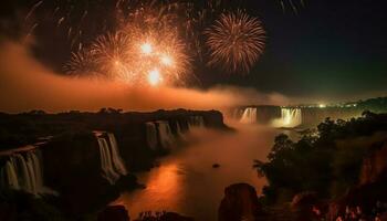 Feuerwerk explodieren Über majestätisch Berg, leuchten Schönheit im Natur generiert durch ai foto