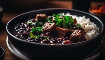 ein Gourmet Rindfleisch Eintopf mit frisch Gemüse und Kräuter, bereit zu Essen generativ ai foto