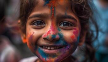 lächelnd Kinder genießen traditionell Festival mit bunt Gesicht Farbe draußen generativ ai foto