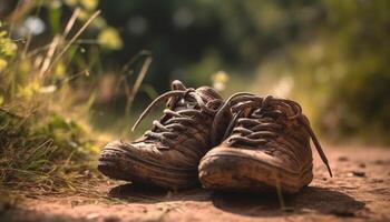 alt gestaltet Leder Wandern Stiefel Wanderung durch schlammig Herbst Wald generativ ai foto