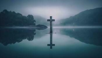 Silhouette von Kreuz im nebelig Berg Angebot symbolisiert Christentum Geheimnis generiert durch ai foto