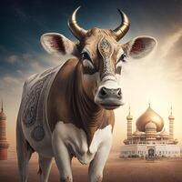 das Kuh eid al-adha Verkauf socail Post das Vieh Händler Hintergrund Foto ai generiert