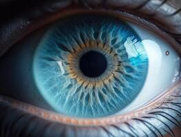 perfekt Blau Auge Makro im ein steril Umgebung und perfekt Vision, Konzept, das Vision von das Zukunft und gesund Leben Konzept. Aussicht präzise und Gerade zu das Ziel. generativ ai foto