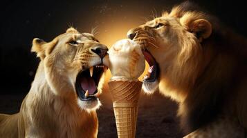Löwen Lecken Eis Sahne Zapfen mit ihr mächtig Zungen hervorrufen das Befriedigung und Vergnügen von verwöhnen im ein cremig Dessert ai generiert foto
