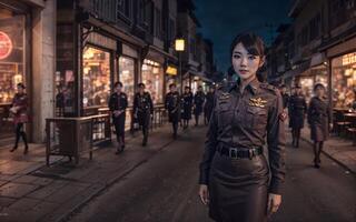schön asiatisch thailändisch Polizei Frau beim Straße Nacht, generativ ai foto