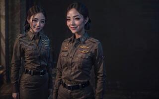 schön asiatisch thailändisch Polizei Frau beim dunkel Zimmer, generativ ai foto