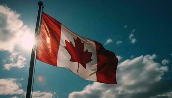 kanadisch Flagge winken im das hell Himmel generiert durch ai foto