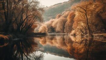 still Herbst Wald spiegelt im Ruhe Wasser generiert durch ai foto