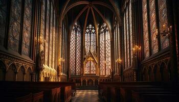 majestätisch gotisch Basilika mit beleuchtet befleckt Glas Fenster generiert durch ai foto