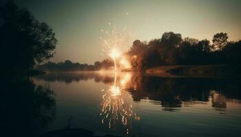 Sonnenuntergang Über das still Teich, Natur Schönheit beleuchtet generiert durch ai foto